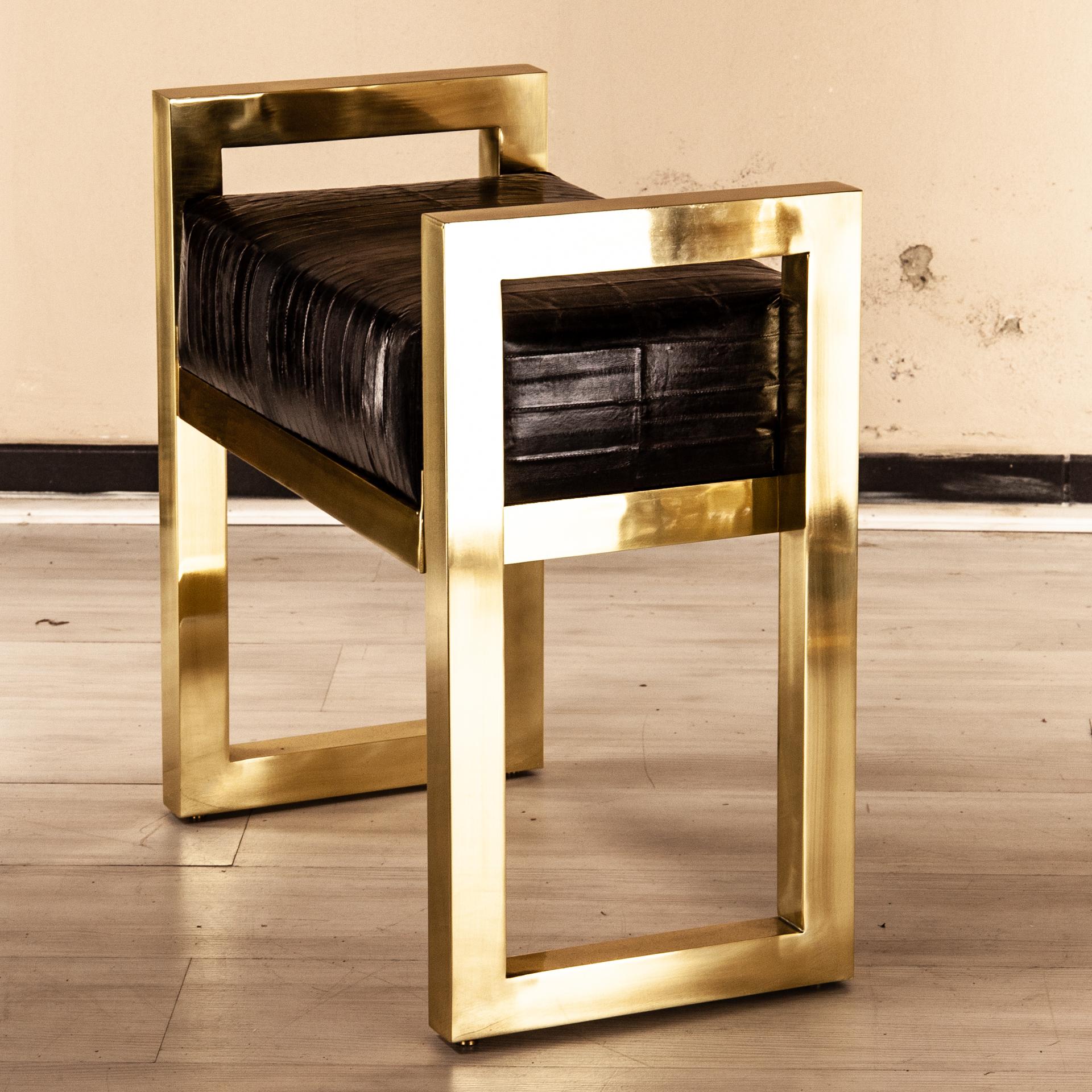 Selezioni Domus Florence Bench Stool Agrife Solid Brass and Natural Eel Leather For Sale 4