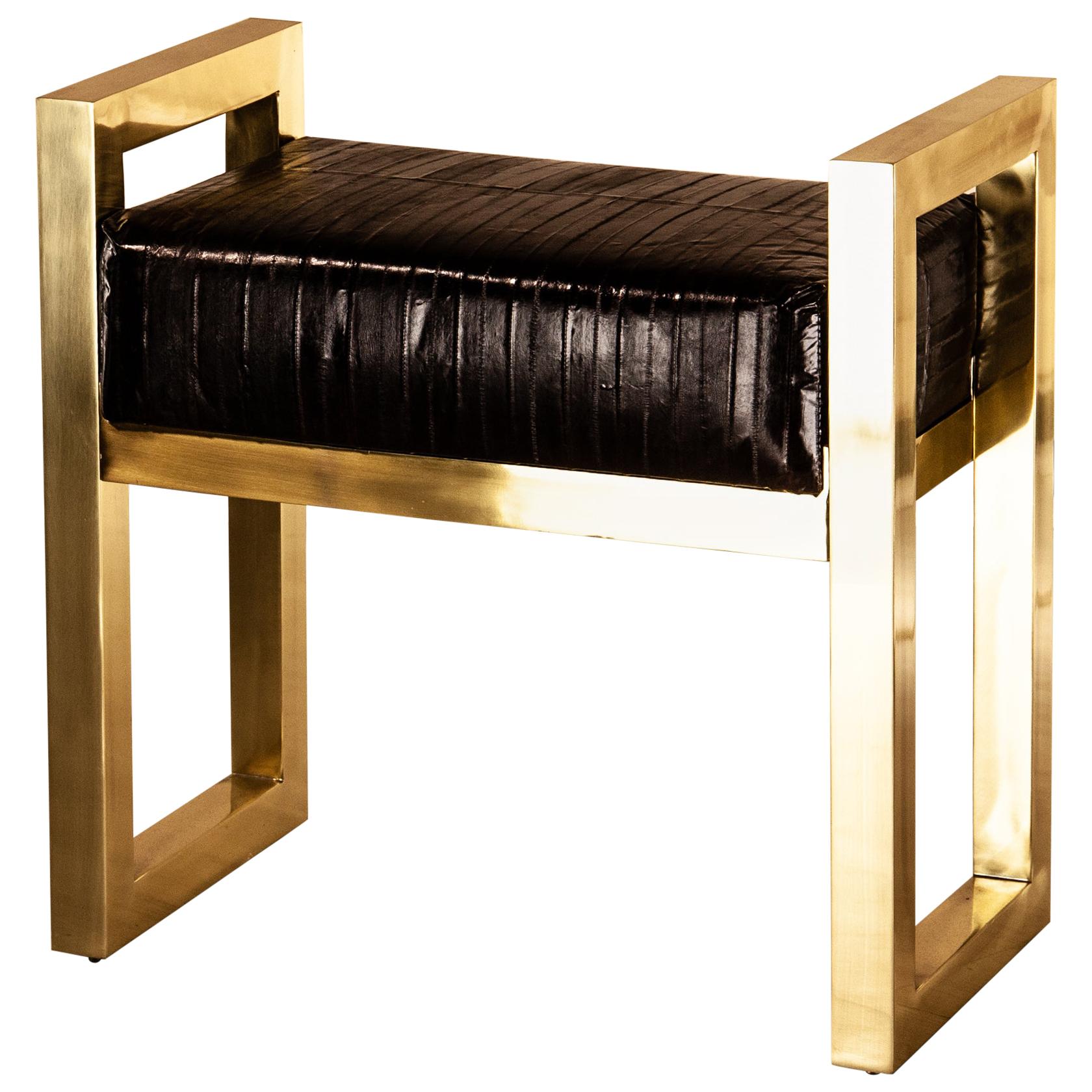 Selezioni Domus Florence Bench Stool Agrife Solid Brass and Natural Eel Leather For Sale