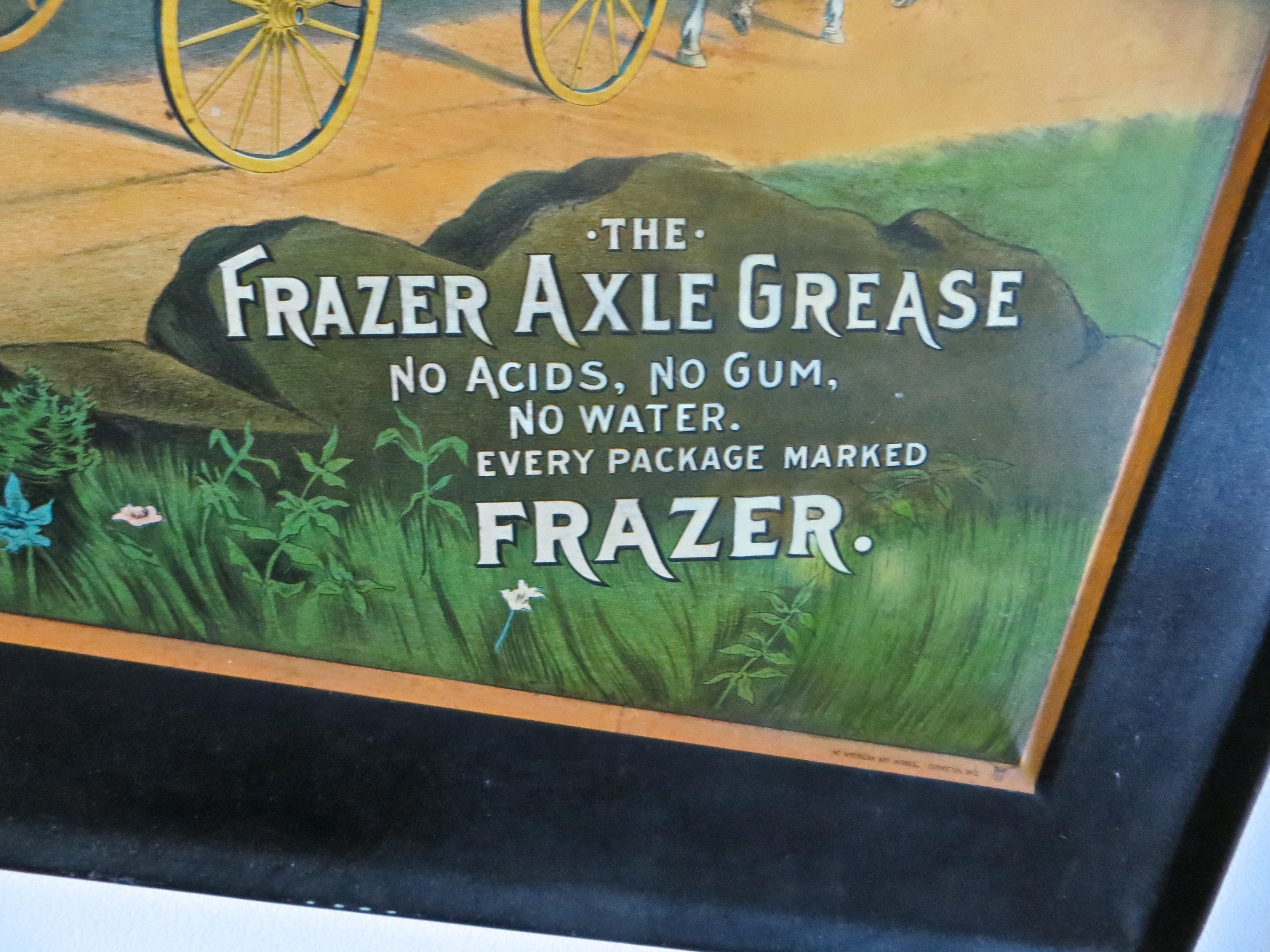 Rare piece of Americana; an advertising item that would have been hanging in a general store in rural America at the turn of the century, singing the praises and virtues of using Frazer Axle grease, and lamenting what happens when not applied; a