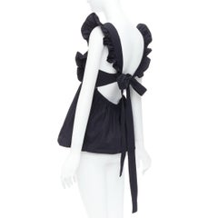 SELF PORTRAIT 2020 Runway Black Cotton Poplin tie back ruffle top UK10 M