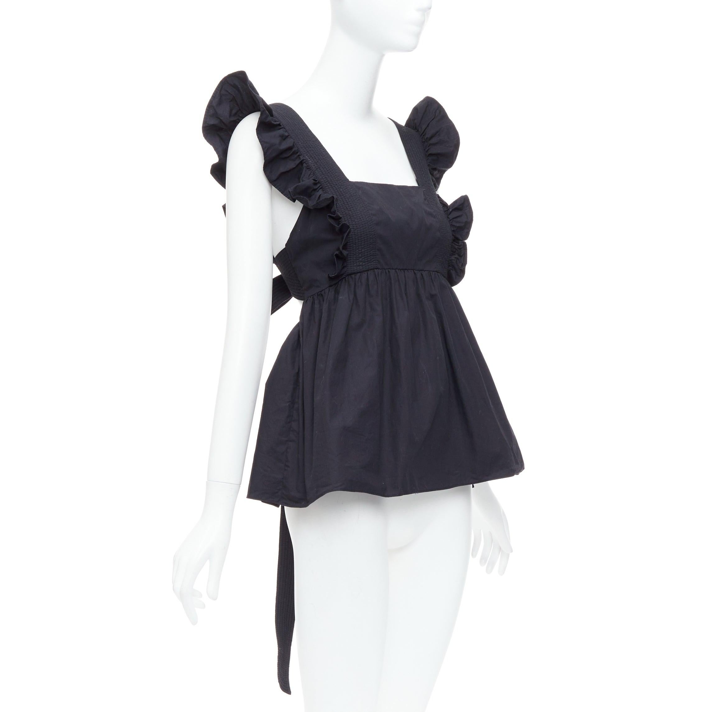 SELF PORTRAIT 2020 Runway Black Cotton Poplin tie back ruffle top UK10 M In Good Condition For Sale In Hong Kong, NT