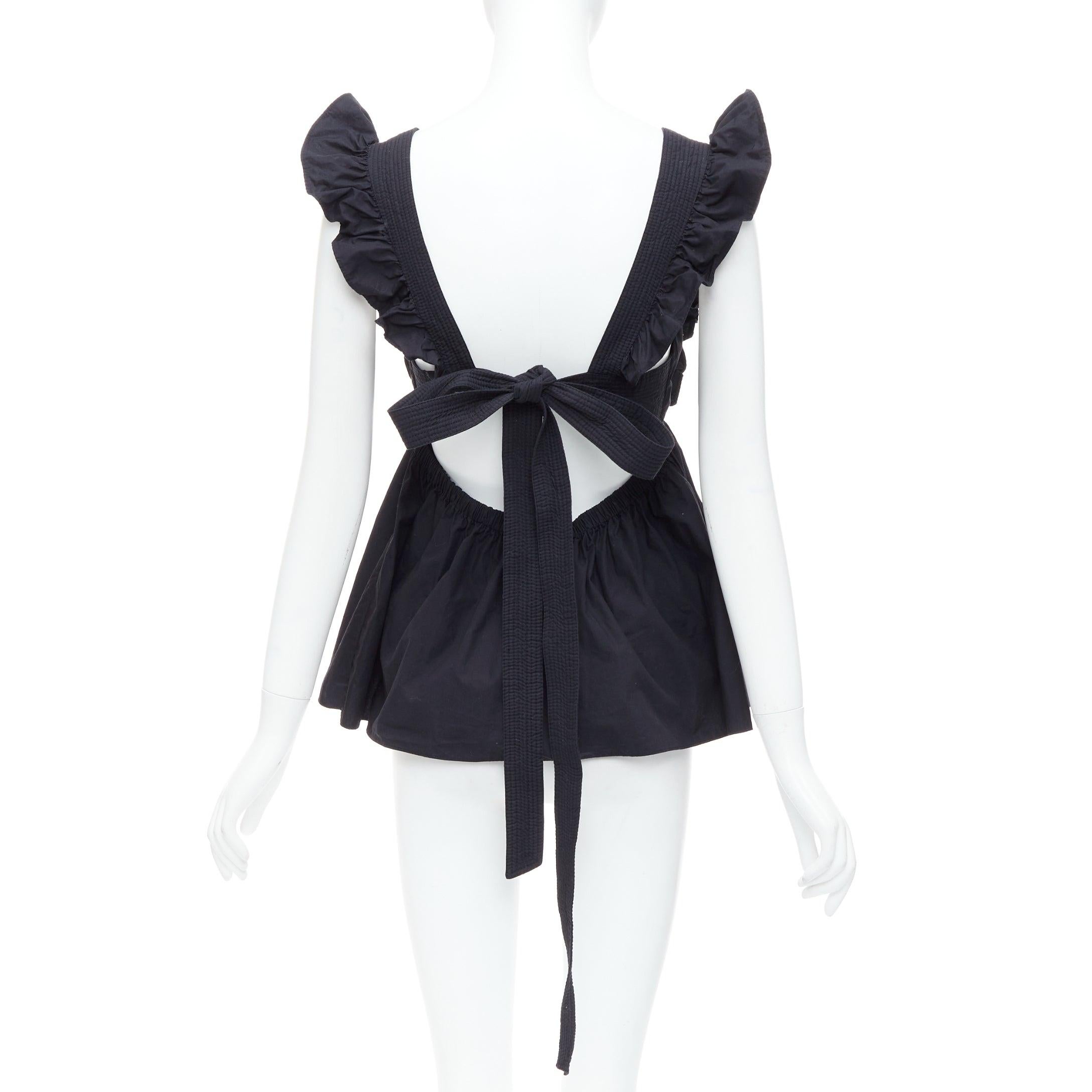 SELF PORTRAIT 2020 Runway Black Cotton Poplin tie back ruffle top UK10 M For Sale 1