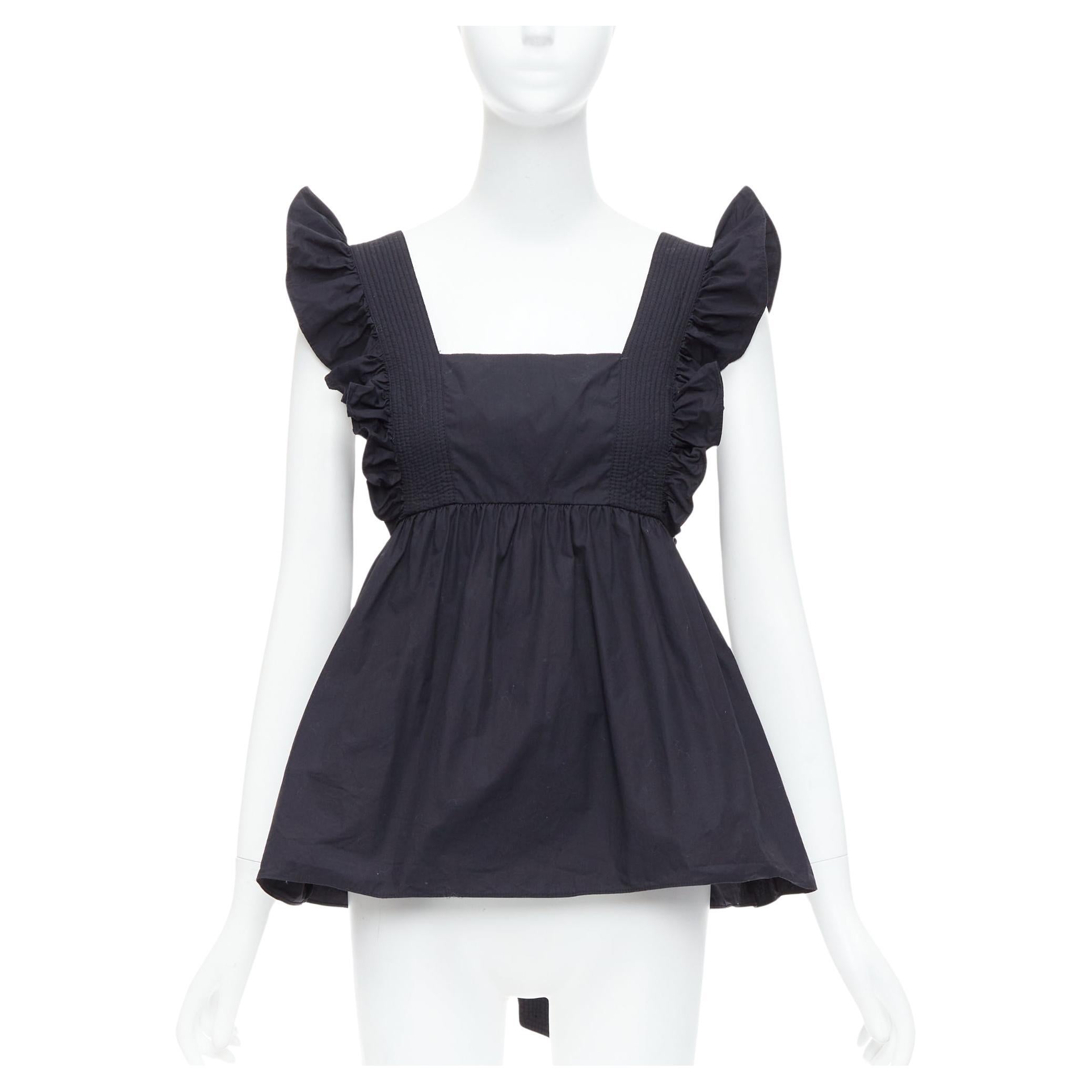 SELF PORTRAIT 2020 Runway Black Cotton Poplin tie back ruffle top UK10 M For Sale