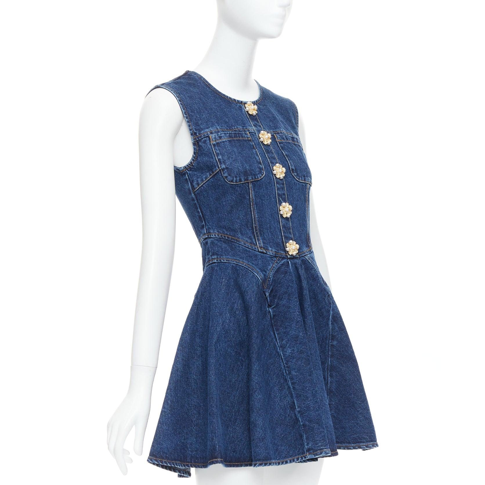 Viola Self-Portrait 2024 Denim Skater blu cotone bottoni oro abito mnini UK6 XS