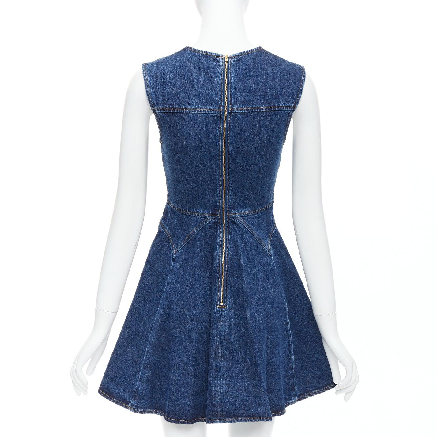 Donna Self-Portrait 2024 Denim Skater blu cotone bottoni oro abito mnini UK6 XS