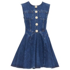 SELF PORTRAIT 2024 Denim Skater blue cotton gold buttons mnini dress UK6 XS