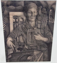 Self Portrait an Architect with Architectural Models Mid Century Large Drawing