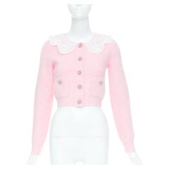 SELF PORTRAIT AW24 – Kurze Mohair-Strickjacke mit Spitzenkragen und Kristallknöpfen, Größe S