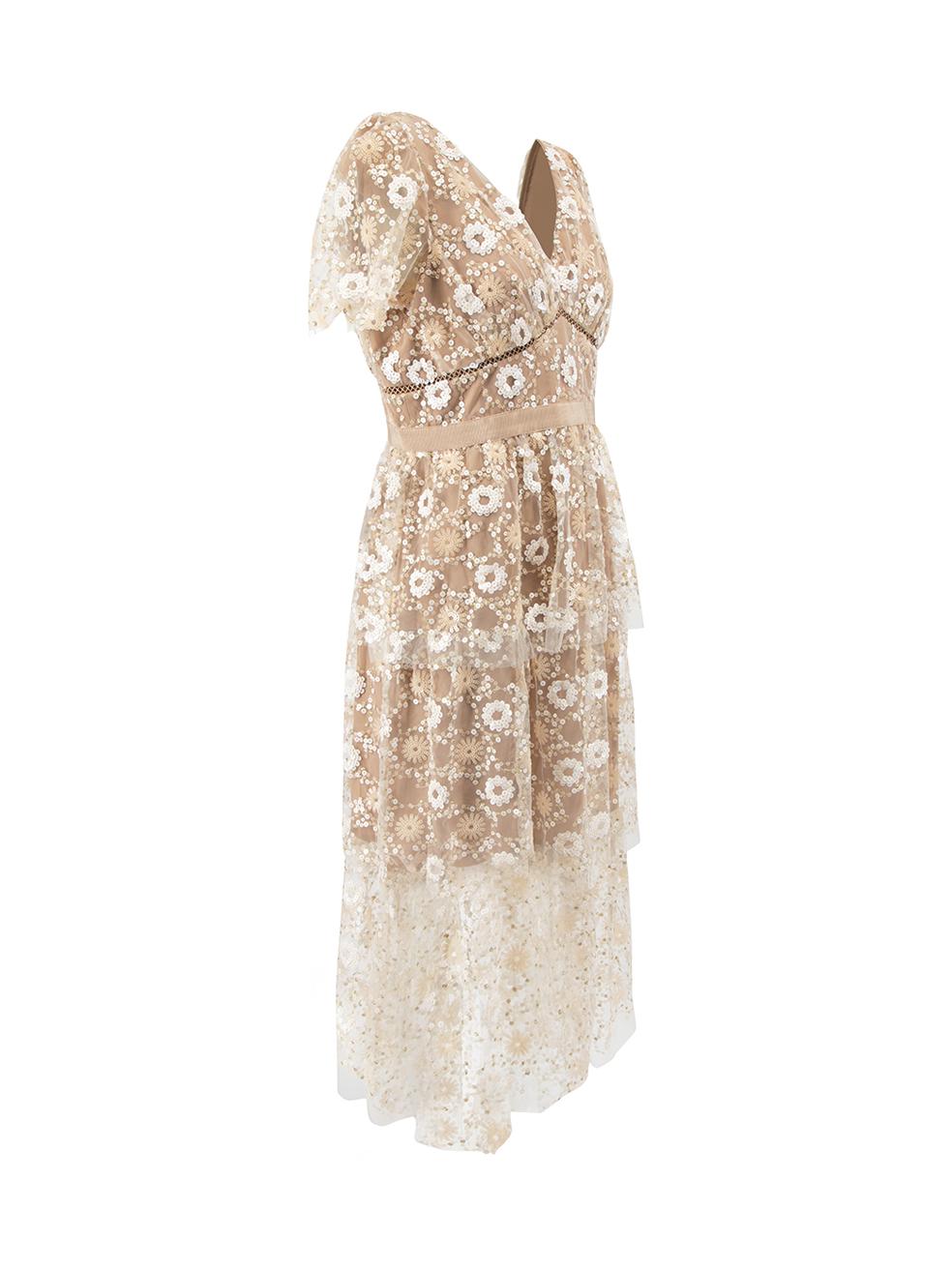 CONDITION is Never worn, with tags. No visible wear to dress is evident on this new Self-Portrait designer resale item.
  
  Details
  Beige
  Lace
  Midi tiered dress
  Sequinned accent
  V neckline
  Sheered short puff sleeves
  Back zip closure