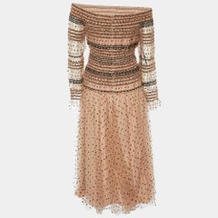 Self-Portrait Beige Polka Dot Tulle Ruched Off Shoulder Midi Dress L