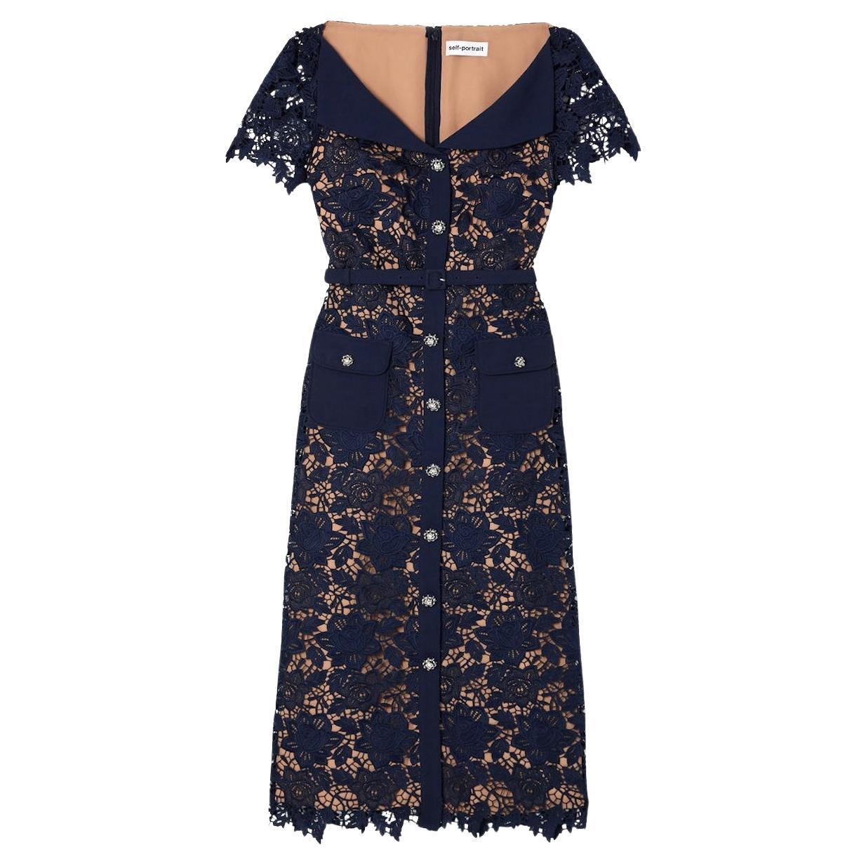 Self-Portrait Belted Crystal Embellished Guipure Lace Midi Dress