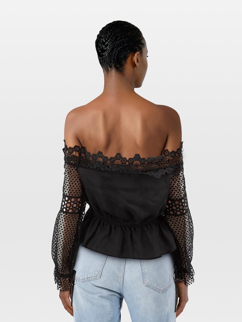 CONDITION is Very good. Minimal wear to the top is evident. Pluck to the weave on the lower back of this used Self-Portrait designer resale item.
 
 
 
 Details
 
 
 Black
 
 Polyester
 
 Blouse
 
 Broderie lace trim
 
 See through sleeves
 
 Off