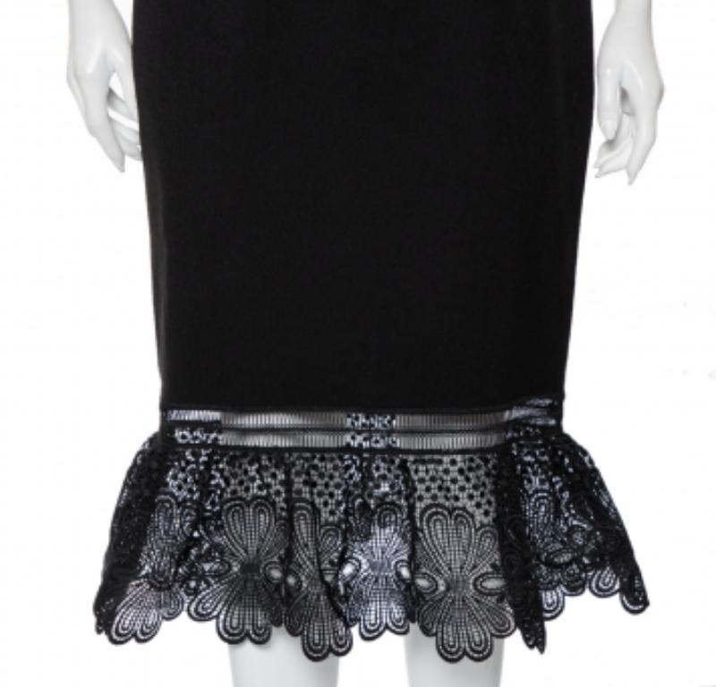 Self-Portrait Black Crepe Lace Trim Detail Olivia Midi Dress L For Sale 1