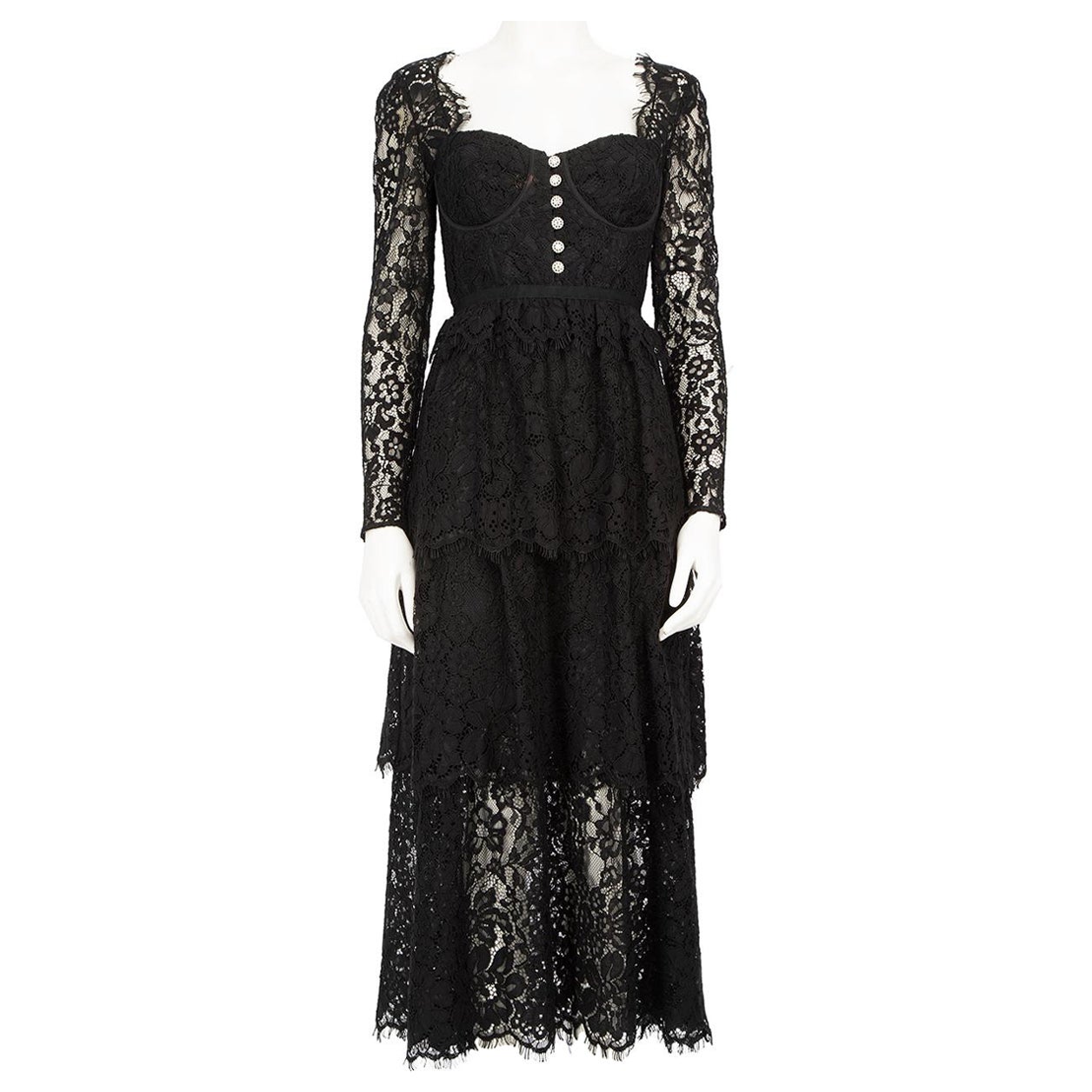 Self-Portrait Black Fine Corded Lace Tiered Midi Dress Size S