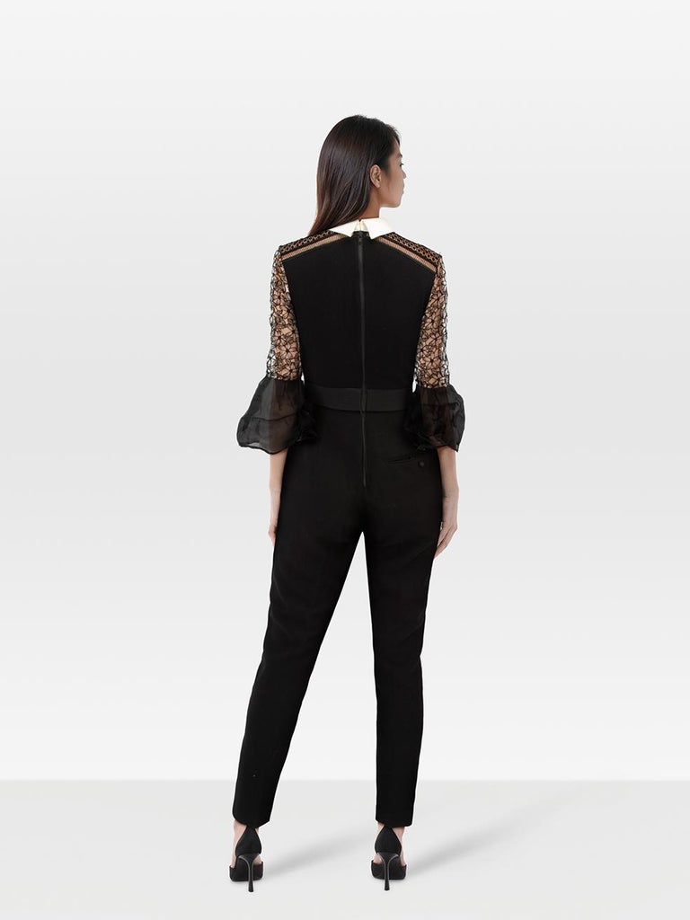 Self-Portrait Black Floral Lace Top Jumpsuit Size S For Sale at