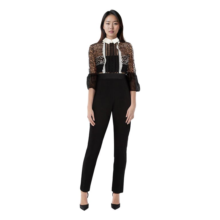 Self-Portrait Black Floral Lace Top Jumpsuit Size S For Sale at