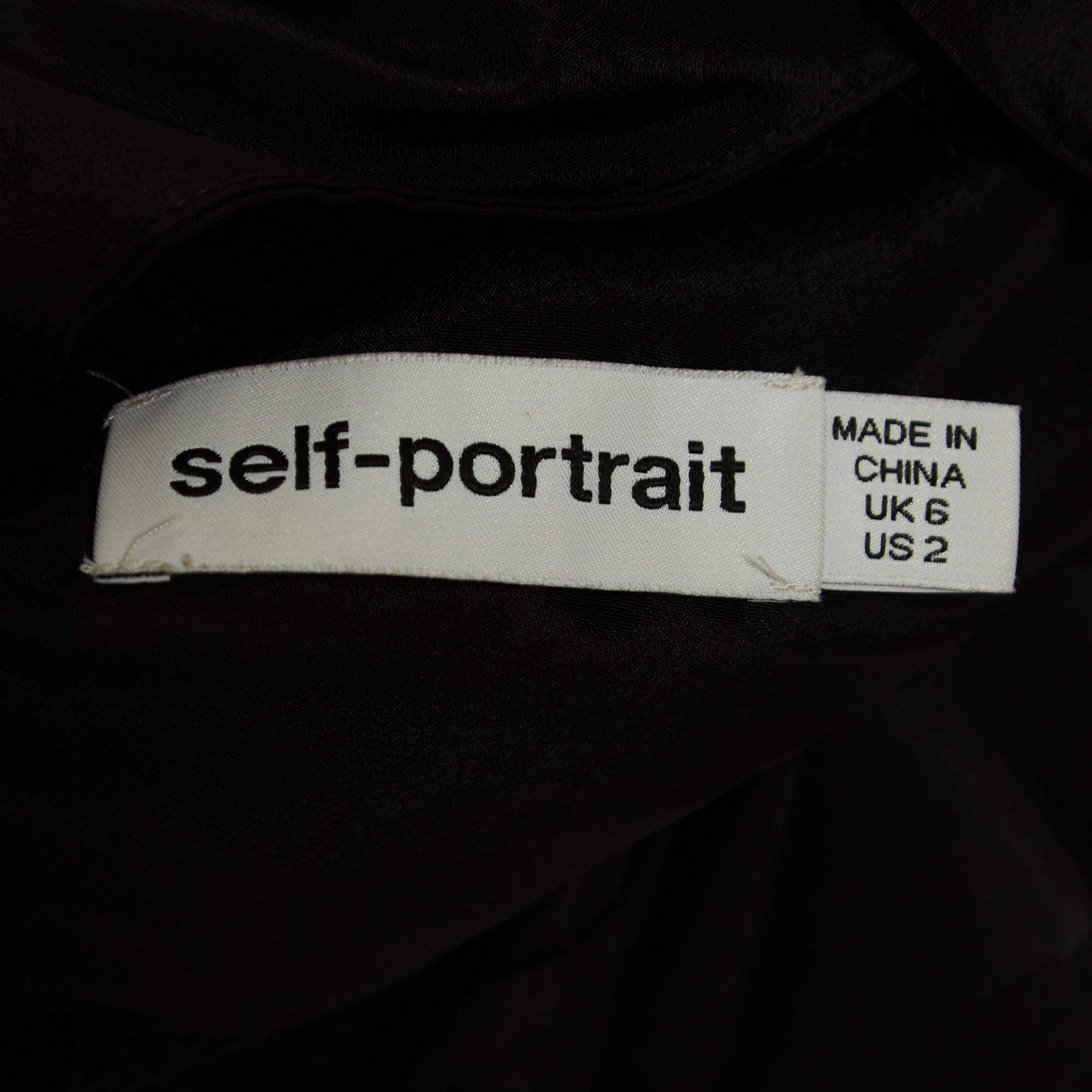 Self-Portrait Schwarzes plissiertes Midikleid mit geometrischem Muster aus Spitze S im Angebot 1