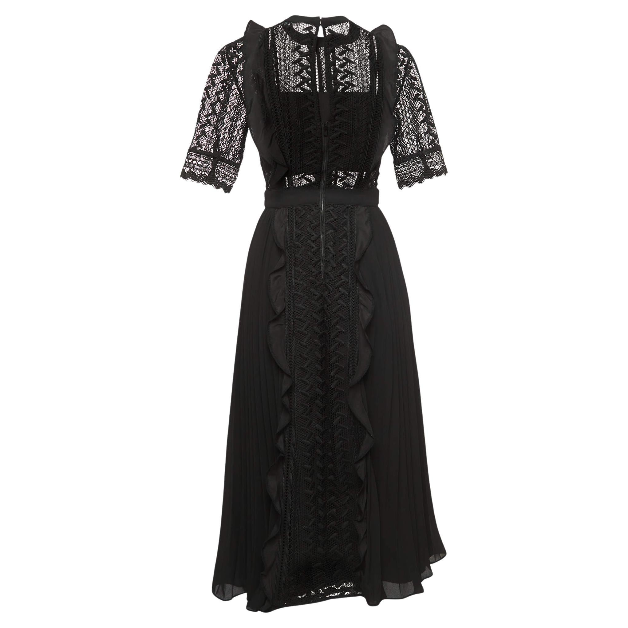 Self-Portrait Black Geometric Pattern Lace Pleated Midi Dress S For Sale