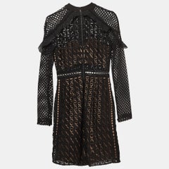 Self-Portrait Black Geometric Pattern Lace Ruffled Mini Dress S