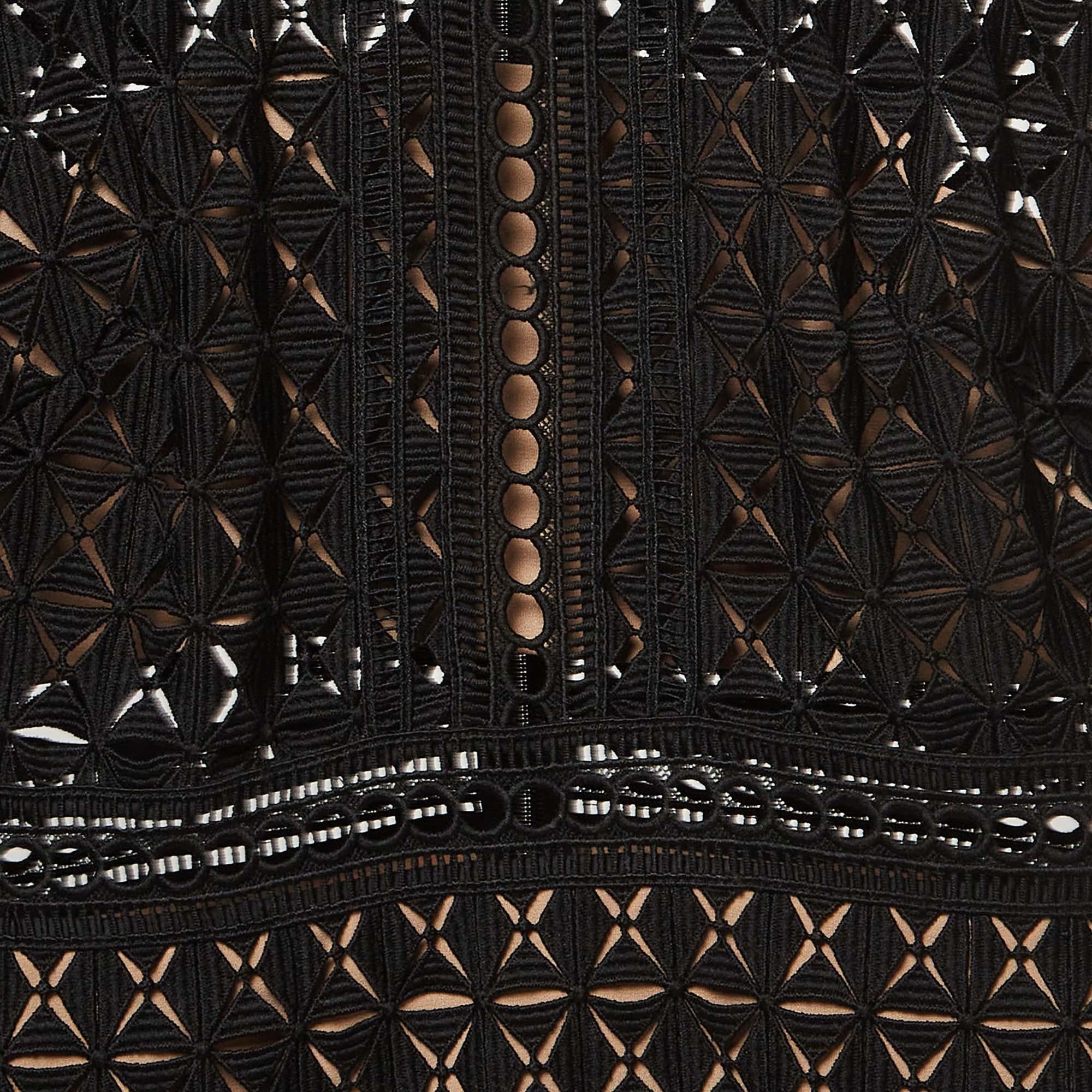 Self-Portrait Black Geometric Pattern Lace Ruffled Mini Dress S In Good Condition For Sale In Dubai, Al Qouz 2