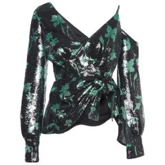 Self-Portrait Black/Green Sequin One-Shoulder Top M