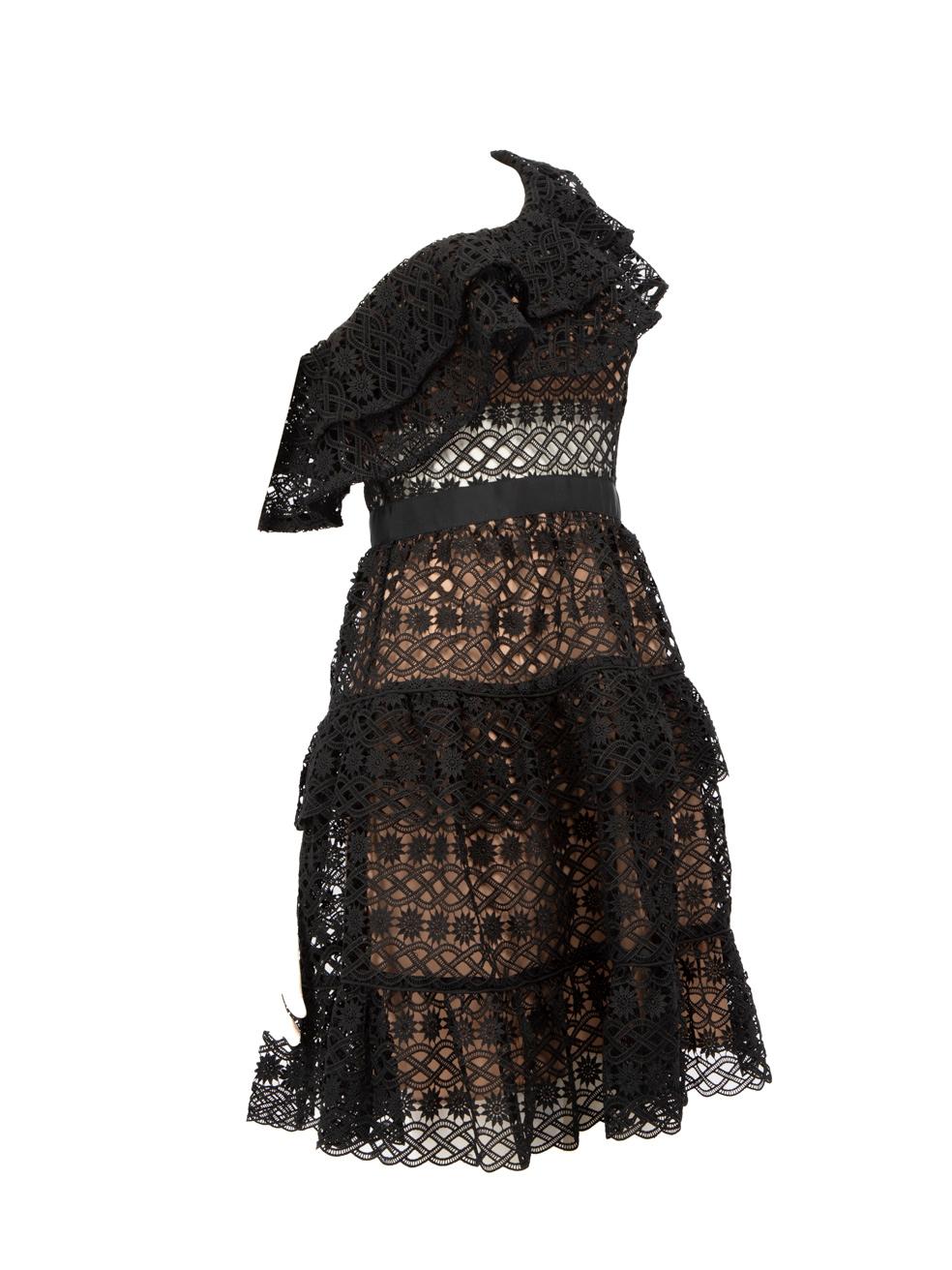 CONDITION is Very good. Hardly any visible wear to dress is evident on this used Self-Portrait designer resale item.
 
 
 
 Details
 
 
 Black
 
 Lace
 
 Dress
 
 Mini
 
 See through
 
 One shoulder
 
 Sleeveless
 
 Back zip and hook fastening
 

