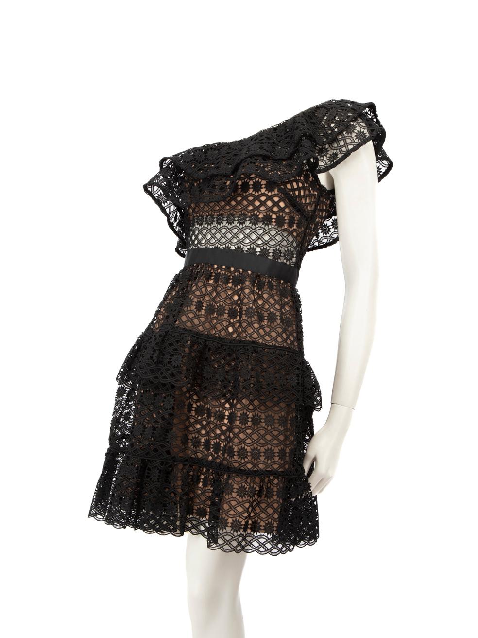 Women's Self-Portrait Black Lace One Shoulder Mini Dress Size S For Sale