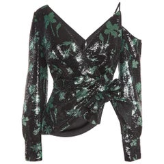 Self-Portrait Black Leaf Sequined Asymmetrical Top M