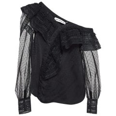 Self-Portrait Black Patterned Satin Guipure Lace Trim Blouse S