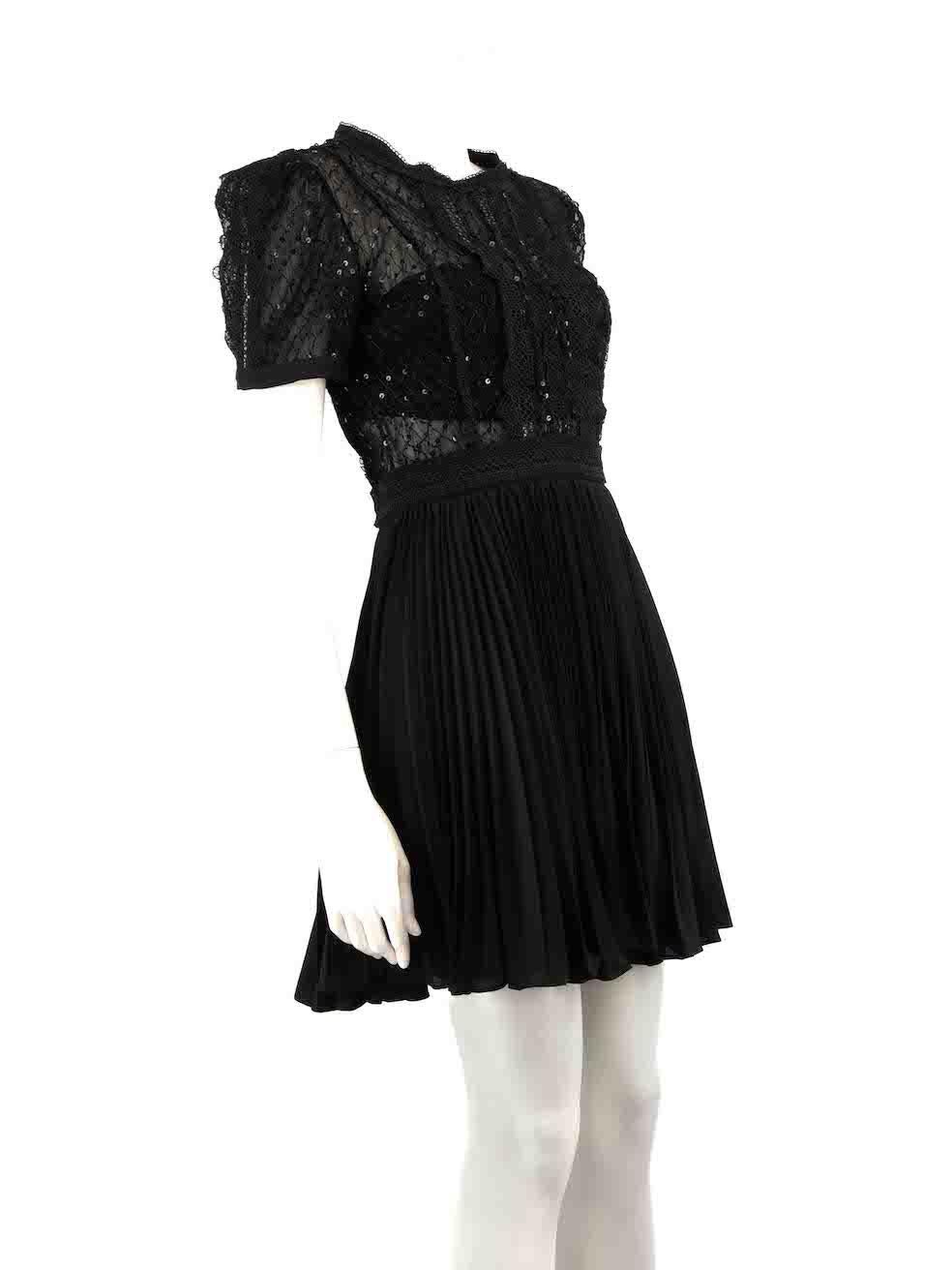 CONDITION is Very good. Hardly any visible wear to dress is evident on this used Self-Portrait designer resale item.
 
 
 
 Details
 
 
 Black
 
 Polyester
 
 Dres
 
 Sheer lace sequinned top
 
 Pleated skirt
 
 Knee length
 
 Round neck
 
 Short