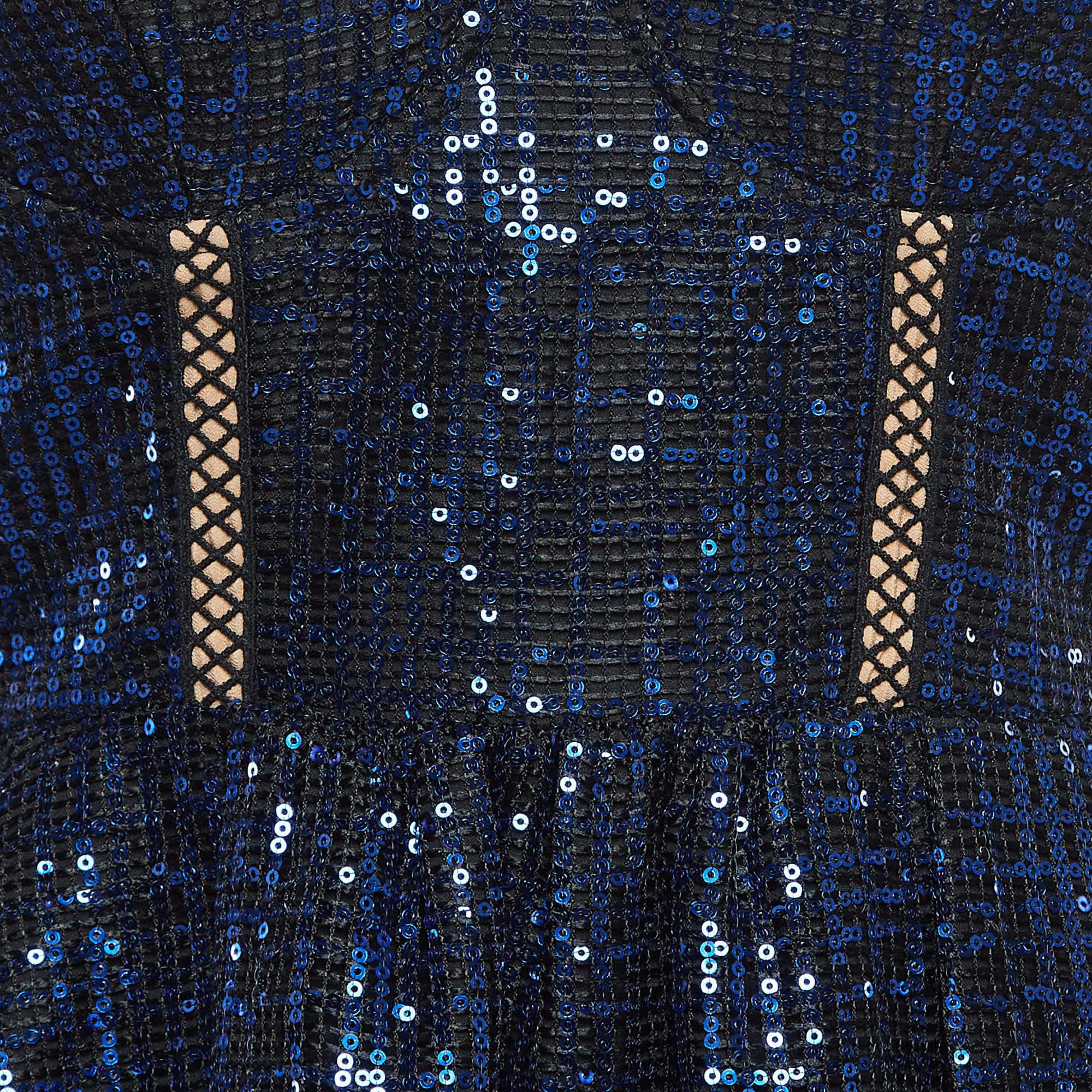 Women's Self-Portrait Blue/Black Crepe Sequin Lace Trim Top S For Sale