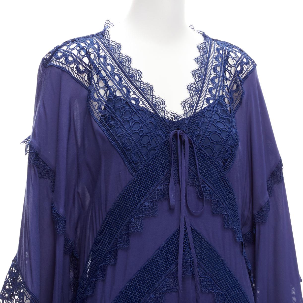 SELF PORTRAIT blue embroidery anglais tie front midi kaftan dress UK8 S For Sale 2