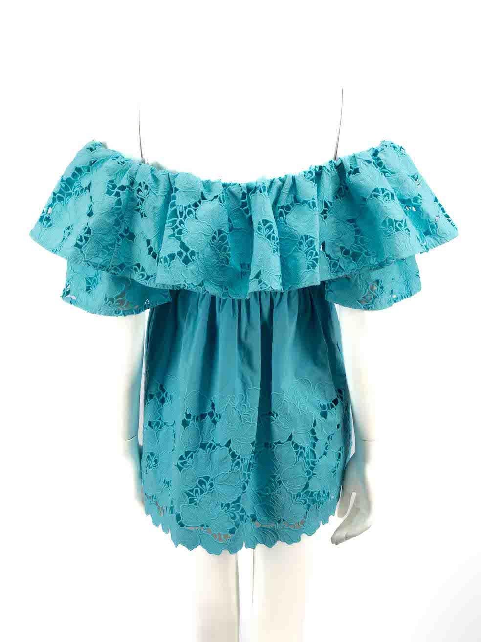 Self-Portrait Blue Floral Broderie Ruffle Top Size S In Good Condition For Sale In London, GB