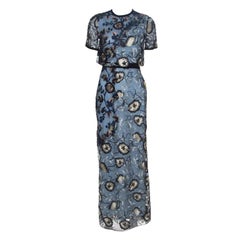 Self Portrait Blue Floral Embroidered Layered Florentine Maxi Dress S