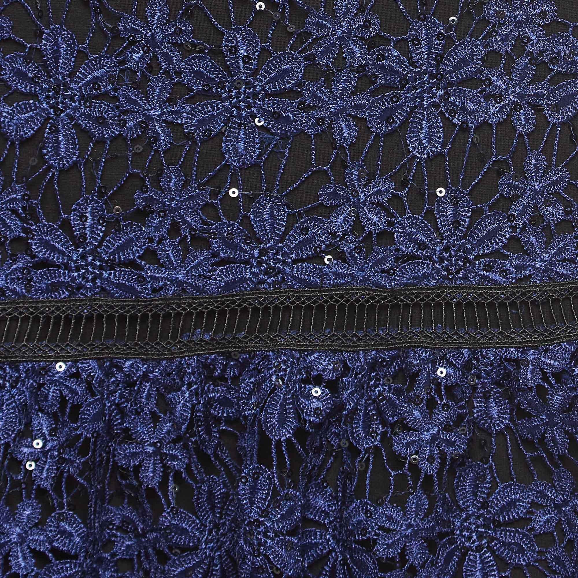 Black Self-Portrait Blue Floral Guipure Lace Sequin Embellished Tiered Skirt S