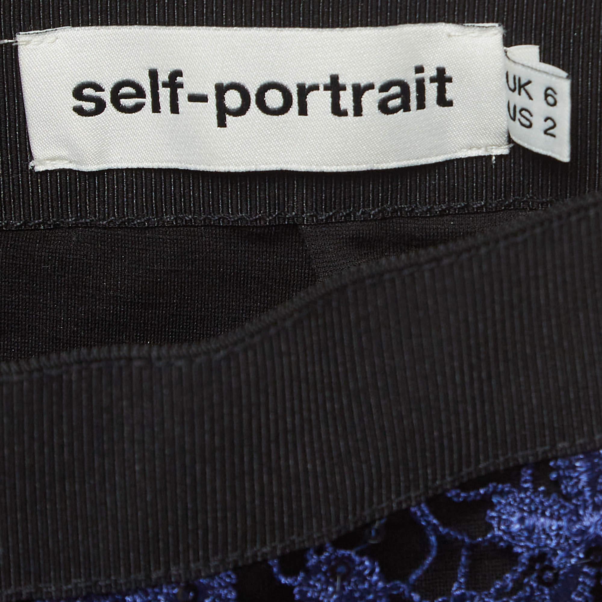 Self-Portrait Blue Floral Guipure Lace Sequin Embellished Tiered Skirt S In Fair Condition In Dubai, Al Qouz 2