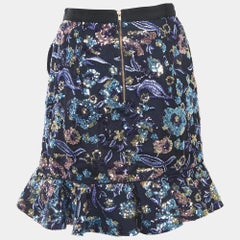 Self-Portrait Blue Floral Sequined Ruffled Mini Skirt S