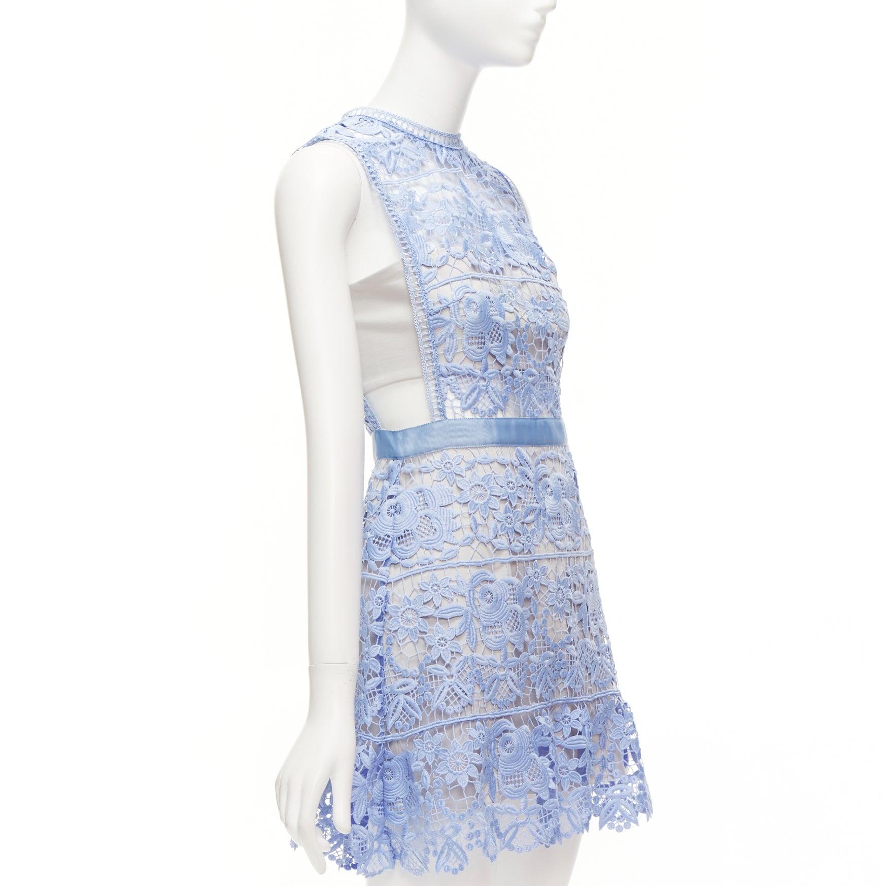 Blue SELF PORTRAIT blue Guipure Lace grey overlay bandeau cut out dress UK10 M For Sale