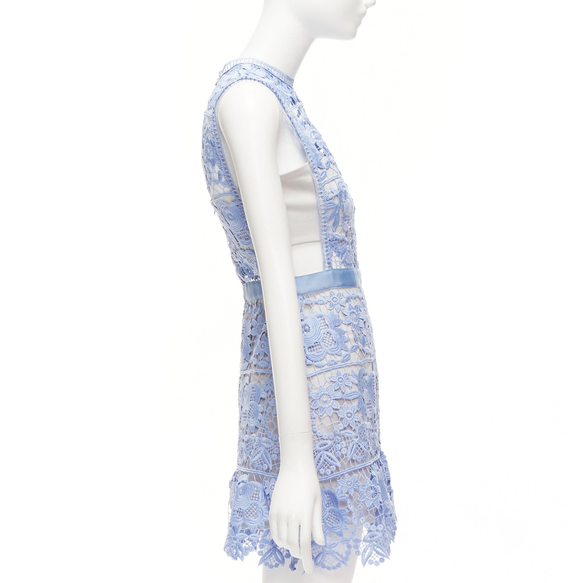 SELF PORTRAIT blue Guipure Lace grey overlay bandeau cut out dress UK10 M In Good Condition For Sale In Hong Kong, NT