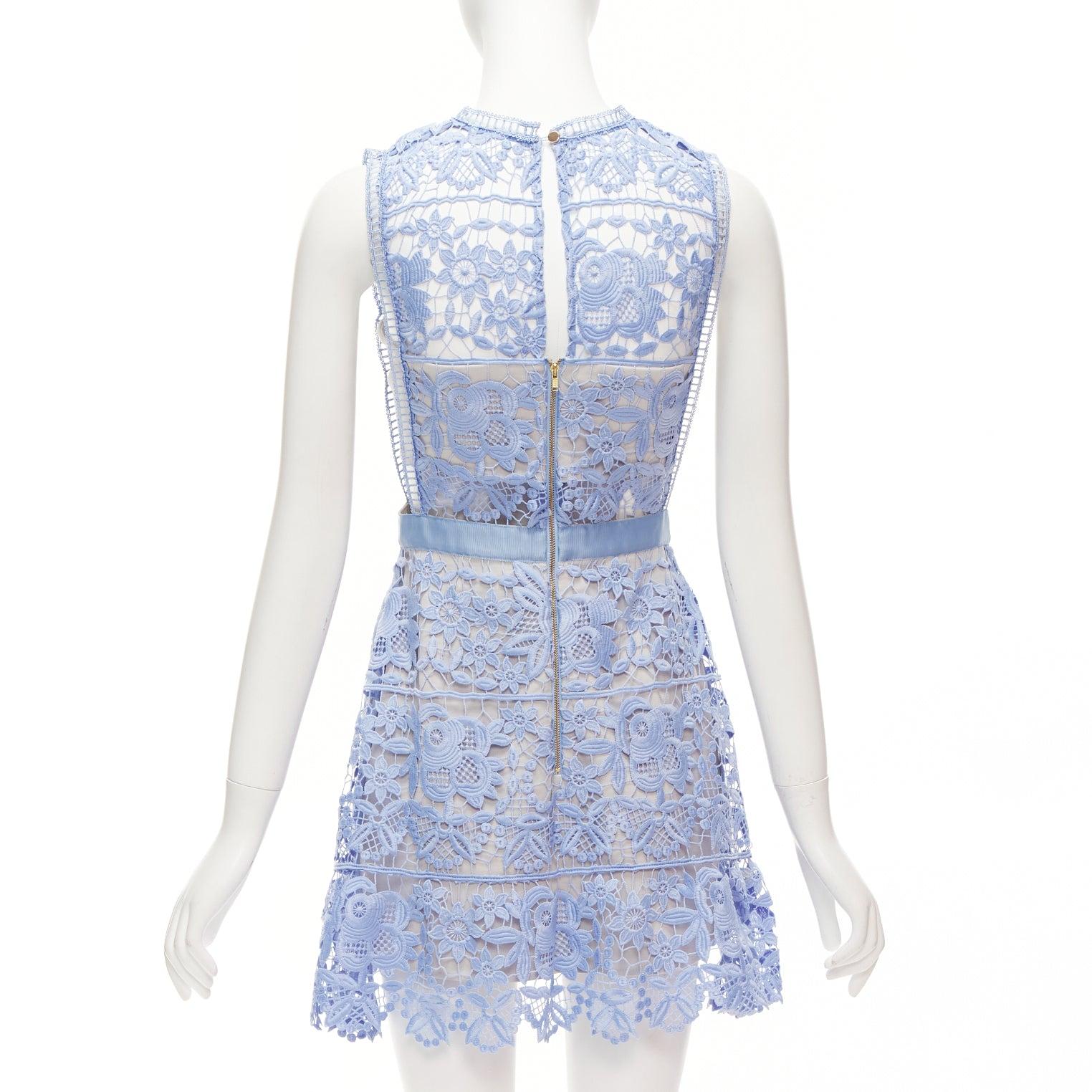 Women's SELF PORTRAIT blue Guipure Lace grey overlay bandeau cut out dress UK10 M For Sale