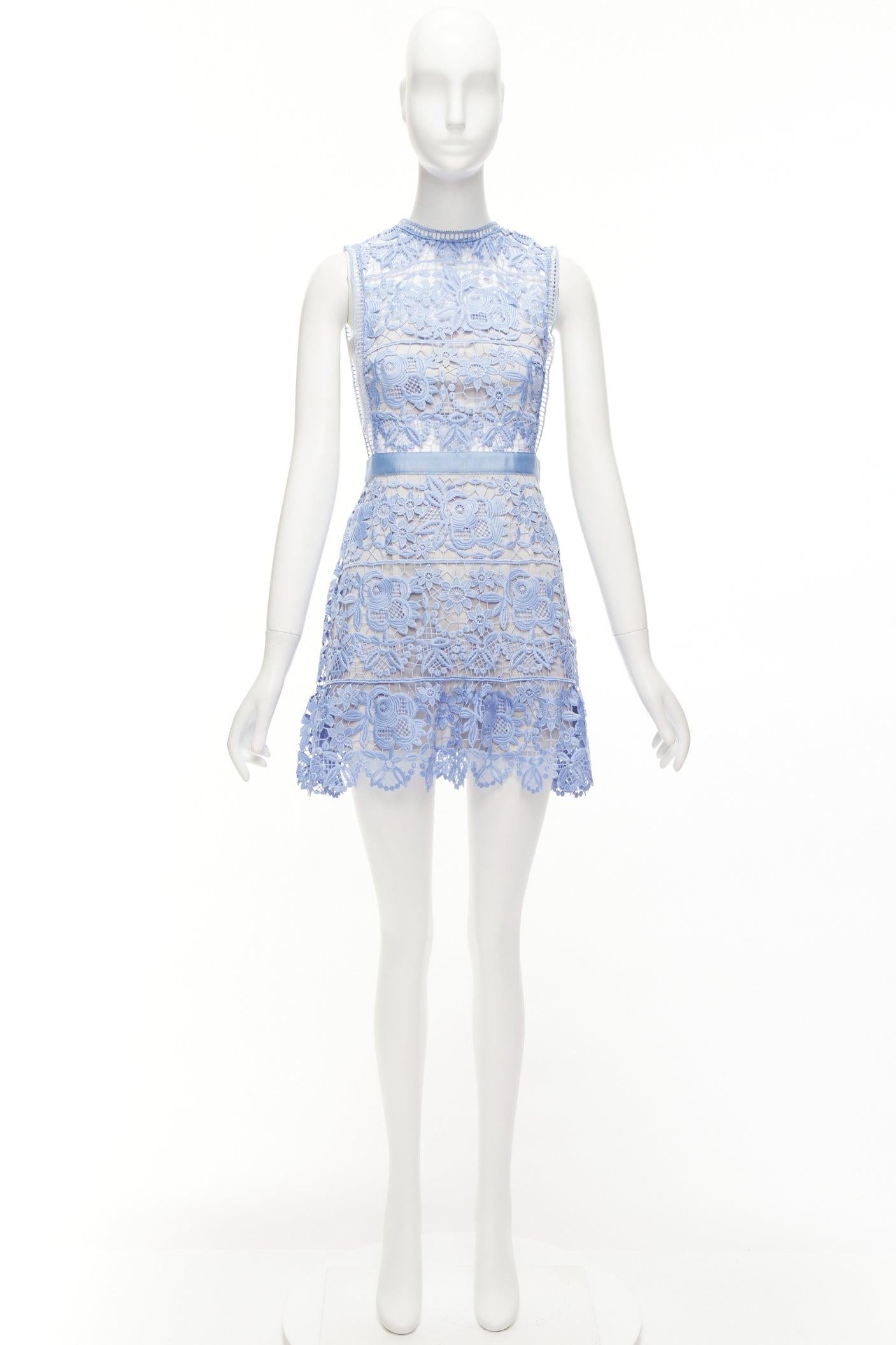 SELF PORTRAIT blue Guipure Lace grey overlay bandeau cut out dress UK10 M For Sale 4
