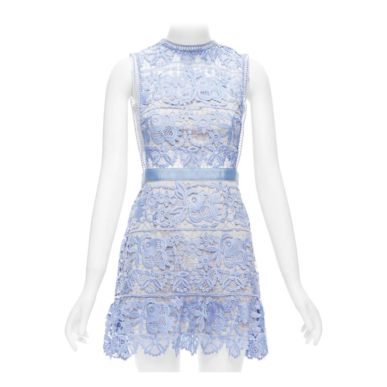 Self Portrait Blue Guipure Lace Grey Overlay Bandeau Cut Out Dress Uk10 M