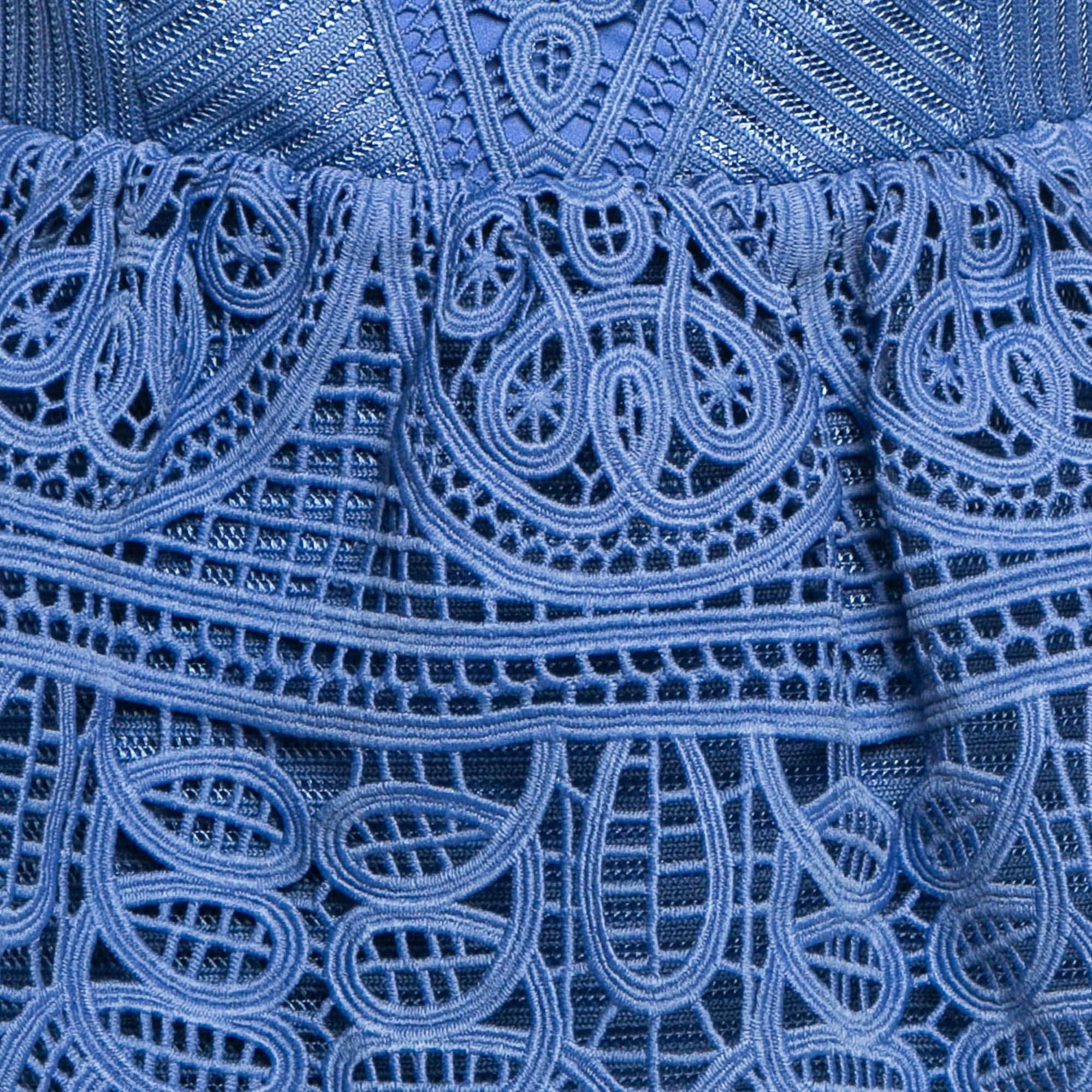 Self-Portrait Blue Guipure Lace Ruffled Mini Dress S In Excellent Condition In Dubai, Al Qouz 2