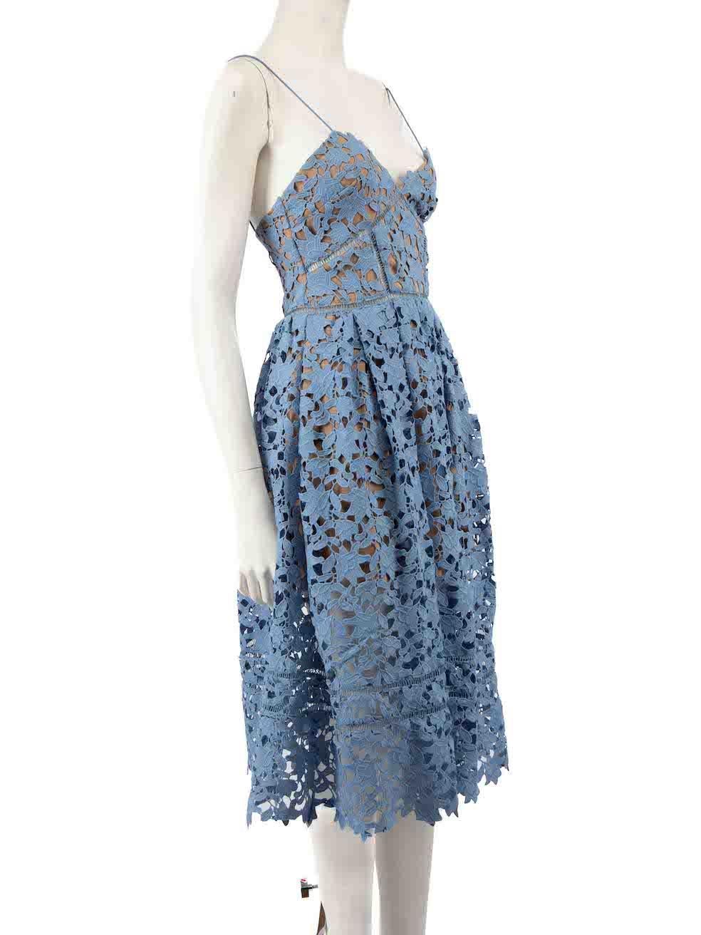 CONDITION is Never worn, with tags. No visible wear to dress is evident on this new Self-Portrait designer resale item.
 
 
 
 Details
 
 
 Azaelea model
 
 Blue
 
 Polyester
 
 Midi dress
 
 Floral lace accent
 
 Sleeveless
 
 See through detail on