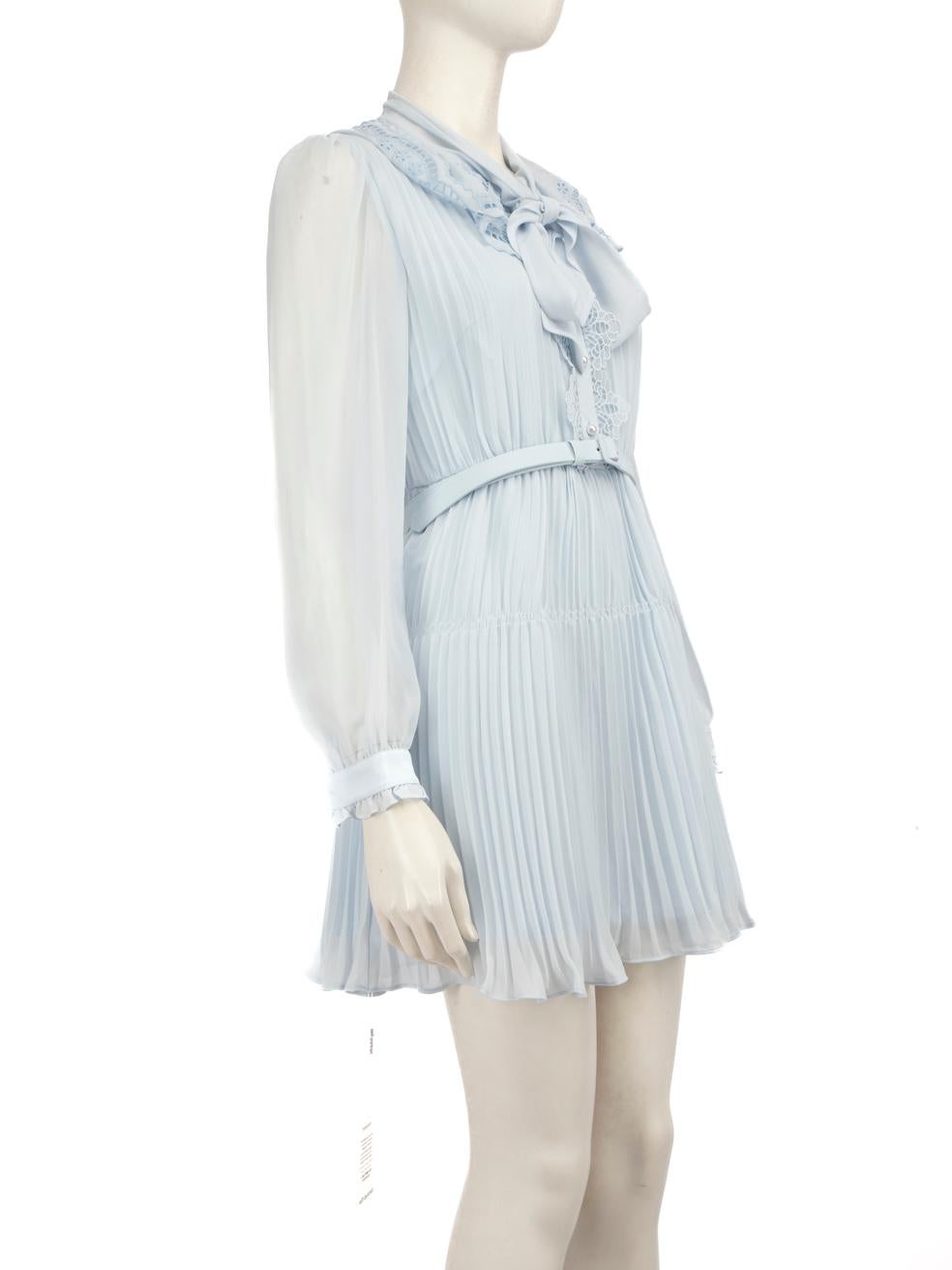 CONDITION is Never worn, with tags. No visible wear to dress is evident on this new Self-Portrait designer resale item.
 
 
 
 Details
 
 
 Blue
 
 Polyester
 
 Dress
 
 Mini
 
 Long see through sleeves
 
 Neck tie straps
 
 Pleated detail
 
