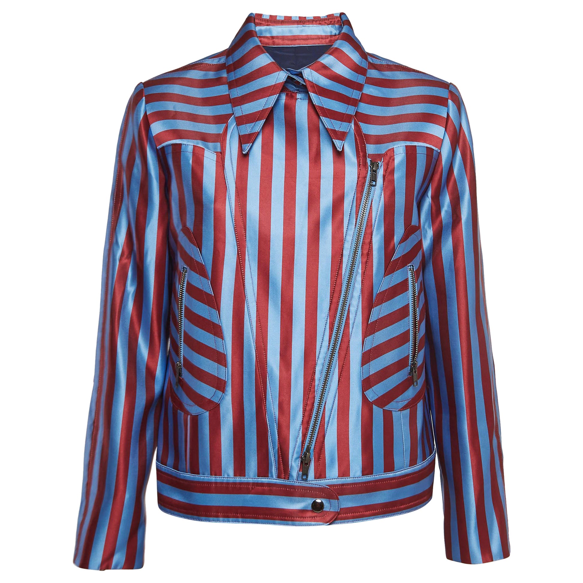 Self-Portrait Blau/Rot Candy Stripe Satin Zipper Jacke S im Angebot