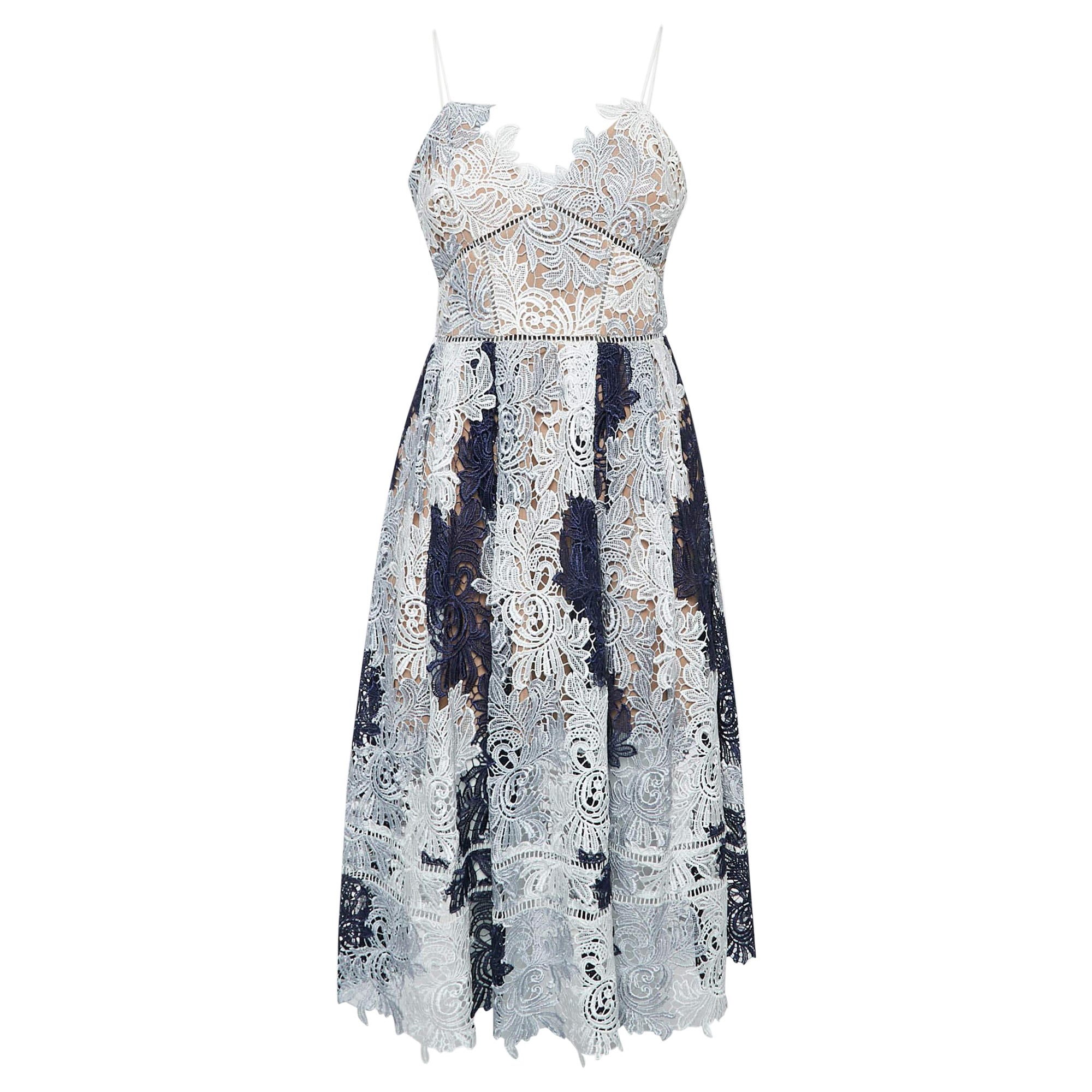 Self Portrait Blue/White Guipure Lace Camellias Midi Dress M