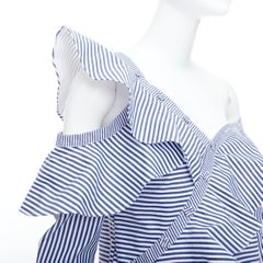 SELF PORTRAIT blue white striped off shoulder asymmetric ruffle top UK8 S