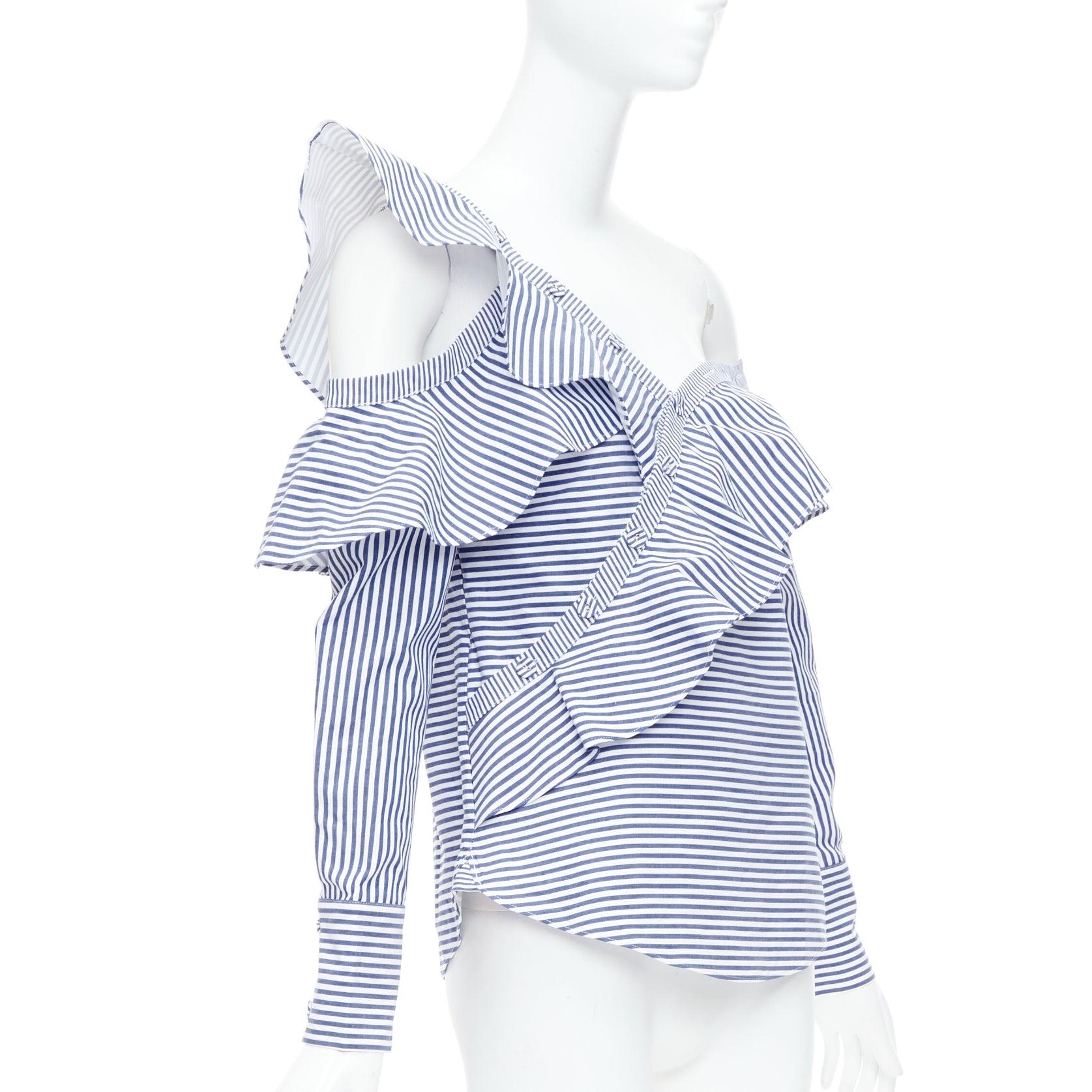 Purple SELF PORTRAIT blue white striped off shoulder asymmetric ruffle top UK8 S For Sale