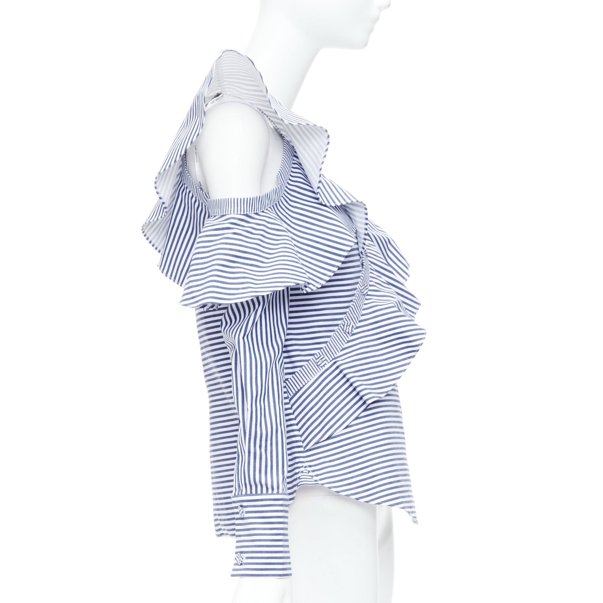 SELF PORTRAIT blue white striped off shoulder asymmetric ruffle top UK8 S In Excellent Condition For Sale In Hong Kong, NT